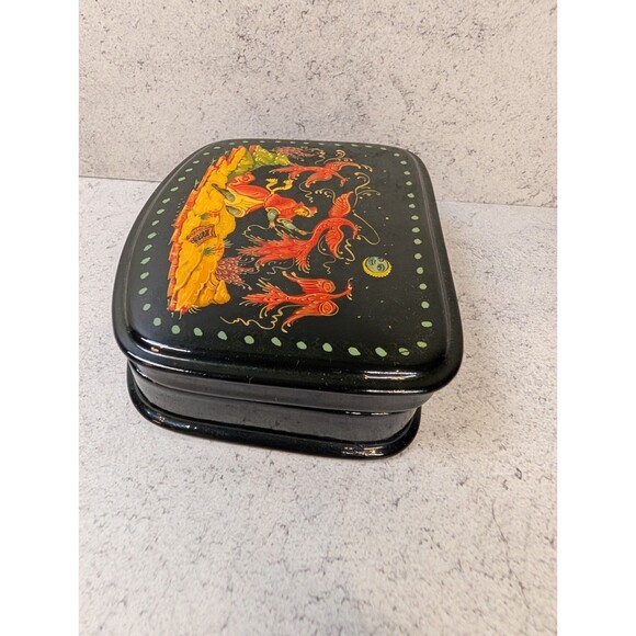 Russian Lacquer Box – Firebird Folklore Scene, Hand-Painted Palekh Style, Red - Picture 5 of 9